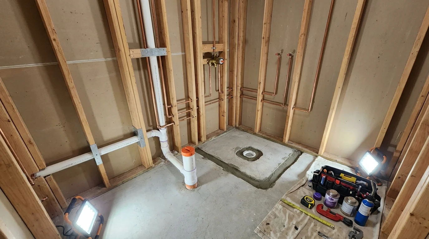 Bathroom rough-in plumbing during remodel by Johns Plumbing LLC in Vernon Hills