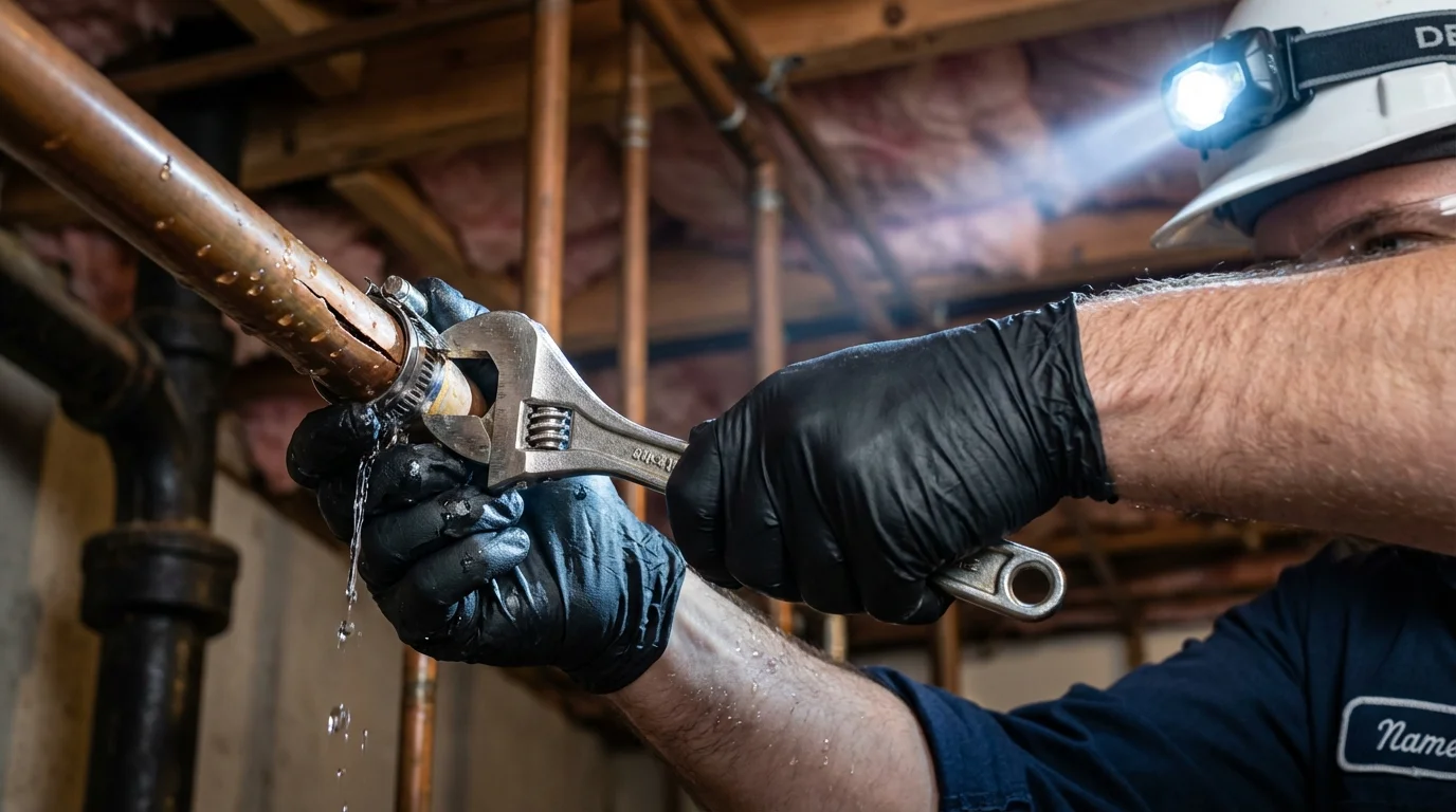 Emergency pipe clamp repair being performed by a Johns Plumbing LLC plumber in Vernon Hills