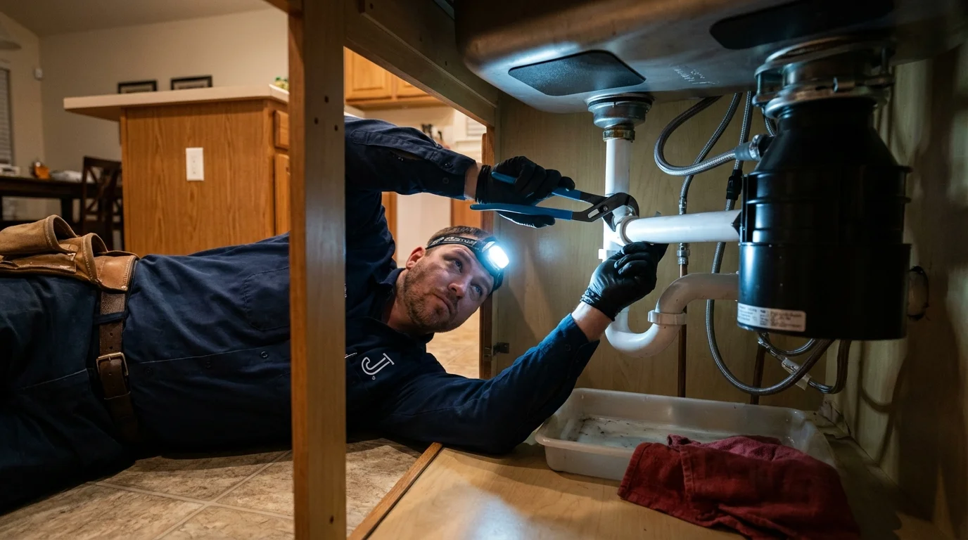 P-trap and supply line connections under a kitchen sink showing a common leak point in Vernon Hills, IL